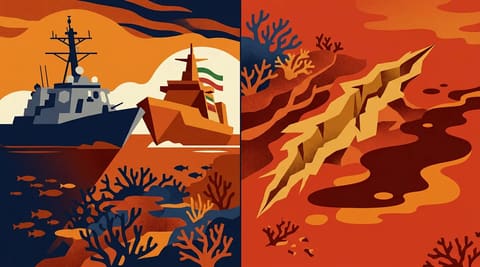 A naval blockade scene split with healthy coral on one side and anchor-damaged, bleached coral on the other, showing the environmental cost of maritime interdiction.