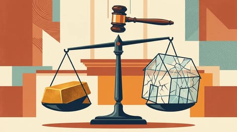 A balance scale with a heavy gold brick labeled $3.8B MOU on one side cracking a fragile glass house labeled BIPARTISAN SUPPORT on the other, a congressional gavel poised above the fulcrum.