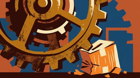 A large industrial gear crushing a small ballot box, symbolizing structural continuity overwhelming electoral change in the US-Israel relationship.