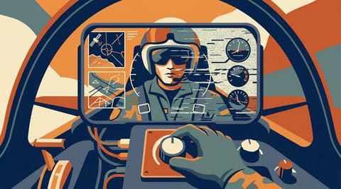 Split cockpit view showing satellite targeting feed on one side and frozen manual instruments on the other, controlled by a dimmer switch labeled Washington.