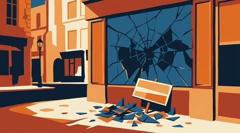 A broken shop window with a protest sign on the ground inside the glass, showing the tension between peaceful message and violent outcome