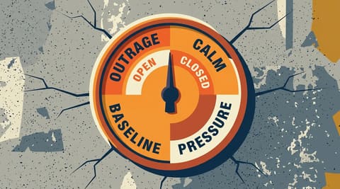 Thermostat dial mounted on cracked concrete wall, needle stuck between positions, face markings show political pressures instead of temperatures