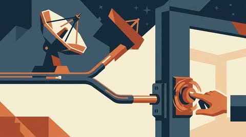 A single cable branching to a military dish and a corporate door with a hand on a switch, symbolizing dual-use dependency.