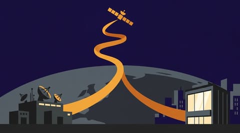 A satellite beam splitting toward a military facility and a corporate building, illustrating the dual control tension.