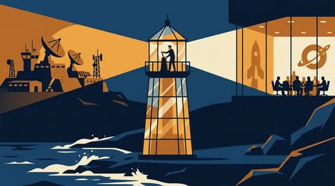 A glass lighthouse on a dark shore. Inside, a figure holds a lever. The beam splits toward a military command post with satellite dishes and a corporate boardroom with a SpaceX logo. Warm amber and deep blue colors.