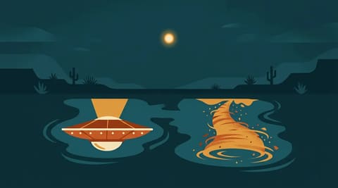 One ambiguous sky light reflected as two interpretations: a flying saucer labeled UAP and a dust devil swirl labeled NOISE, in warm flat colors.